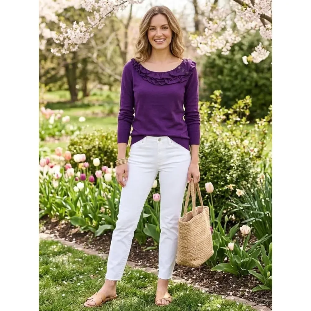 NEW YORK & COMPANY Purple Ruffle Trim Sweater, S